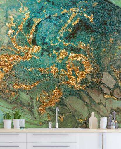 green and gold custom marble wallpaper mural called Emerald Marble by Lara Skinner for living rooms