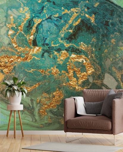 green and gold custom marble wallpaper mural called Emerald Marble by Lara Skinner for living rooms
