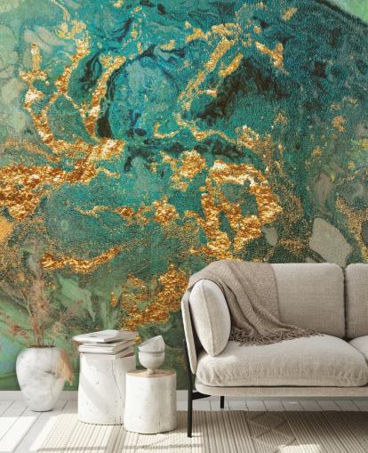 green and gold custom marble wallpaper mural called Emerald Marble by Lara Skinner for living rooms