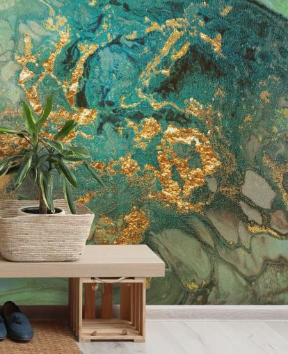 groene en gouden marmeren behangmuurschildering op maat genaamd Emerald Marble van Lara Skinner voor woonkamers groene en gouden marmeren behangmuurschildering op maat genaamd Emerald Marble van Lara Skinner voor woonkamers