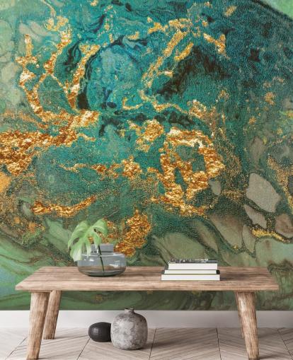 green and gold custom marble wallpaper mural called Emerald Marble by Lara Skinner for living rooms