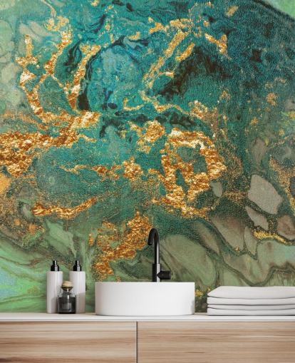 green and gold custom marble wallpaper mural called Emerald Marble by Lara Skinner for living rooms