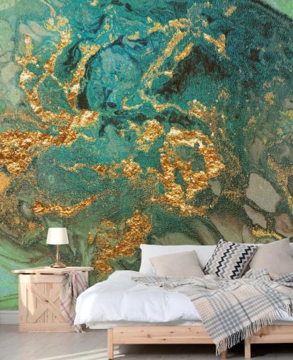 grøn og guld tilpasset marmor tapetmaleri kaldet Emerald Marble af Lara Skinner til stuer
