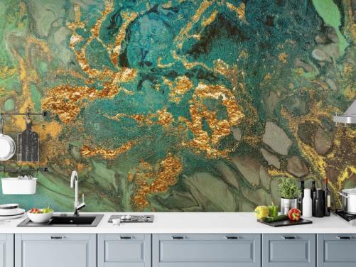 groene en gouden marmeren behangmuurschildering op maat genaamd Emerald Marble van Lara Skinner voor woonkamers groene en gouden marmeren behangmuurschildering op maat genaamd Emerald Marble van Lara Skinner voor woonkamers