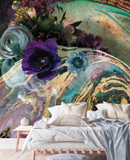 Lara Skinnerin vihreä, violetti ja kultainen marmorinen taustakuvamaalaus nimeltä Marble Floral New Master makuuhuoneisiin tai kylpyhuoneisiin Lara Skinnerin vihreä, violetti ja kultainen marmorinen taustakuvamaalaus nimeltä Marble Floral New Master makuuhuoneisiin tai kylpyhuoneisiin