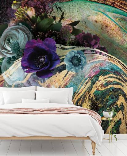 Lara Skinnerin vihreä, violetti ja kultainen marmorinen taustakuvamaalaus nimeltä Marble Floral New Master makuuhuoneisiin tai kylpyhuoneisiin Lara Skinnerin vihreä, violetti ja kultainen marmorinen taustakuvamaalaus nimeltä Marble Floral New Master makuuhuoneisiin tai kylpyhuoneisiin