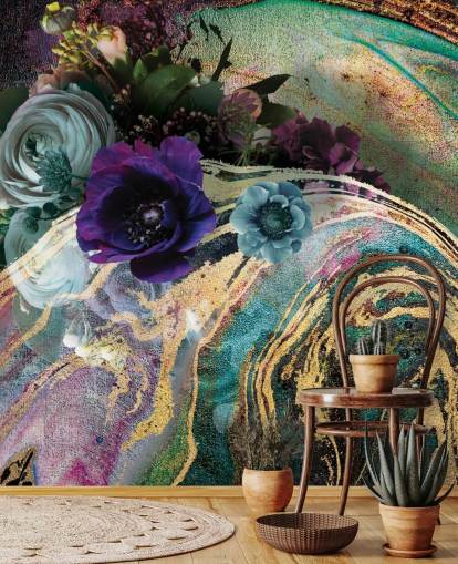 grøn, lilla og guld marmor tapetmaleri kaldet Marble Floral New Master af Lara Skinner til soveværelser eller badeværelser