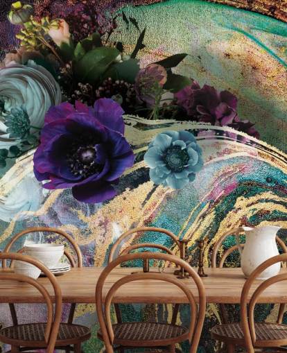 green, purple and gold marble wallpaper mural called Marble Floral New Master by Lara Skinner for bedrooms or bathrooms
