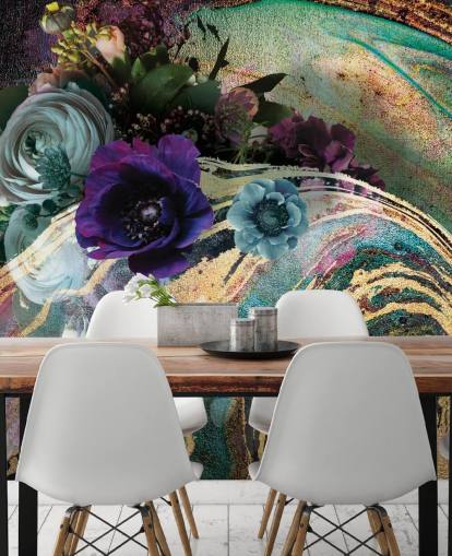papier peint mural en marbre vert, violet et doré appelé Marble Floral New Master par Lara Skinner pour les chambres ou les salles de bain