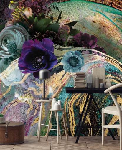 Wandbild aus grünem, lila und goldenem Marmor namens Marble Floral New Master von Lara Skinner für Schlafzimmer oder Badezimmer Wandbild aus grünem, lila und goldenem Marmor namens Marble Floral New Master von Lara Skinner für Schlafzimmer oder Badezimmer