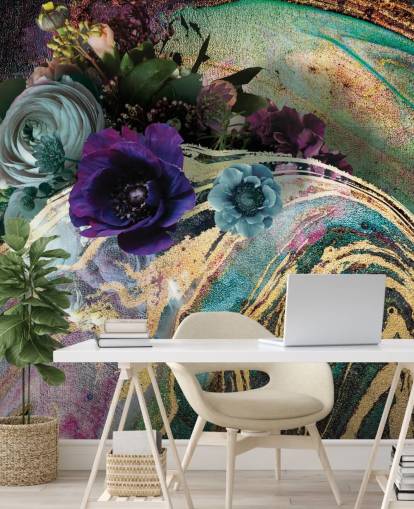 mural de papel pintado de mármol verde, morado y dorado llamado Marble Floral New Master de Lara Skinner para dormitorios o baños mural de papel pintado de mármol verde, morado y dorado llamado Marble Floral New Master de Lara Skinner para dormitorios o baños