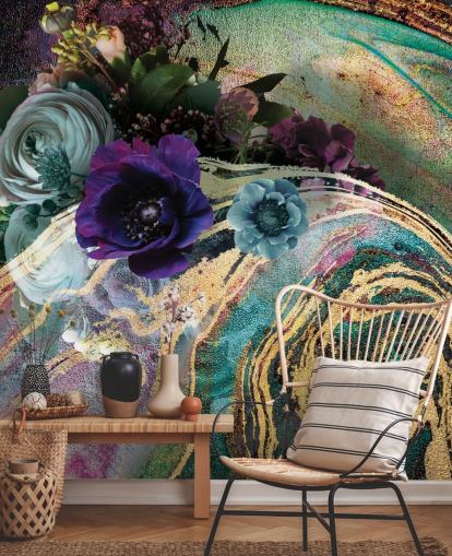 grønn, lilla og gull marmor tapet veggmaleri kalt Marble Floral New Master av Lara Skinner for soverom eller bad