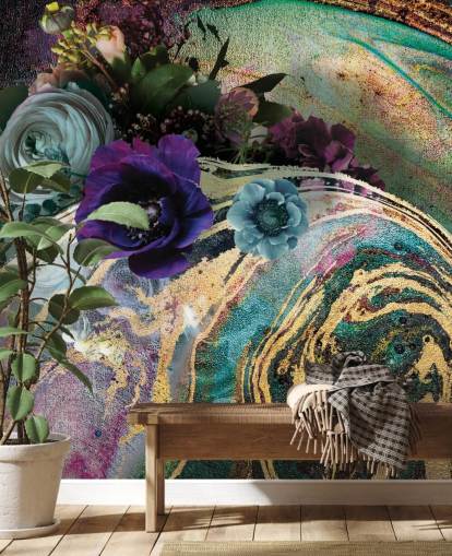 Wandbild aus grünem, lila und goldenem Marmor namens Marble Floral New Master von Lara Skinner für Schlafzimmer oder Badezimmer