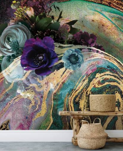 green, purple and gold marble wallpaper mural called Marble Floral New Master by Lara Skinner for bedrooms or bathrooms