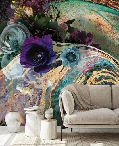 grön, lila och guld marmor tapetväggmålning kallad Marble Floral New Master av Lara Skinner för sovrum eller badrum