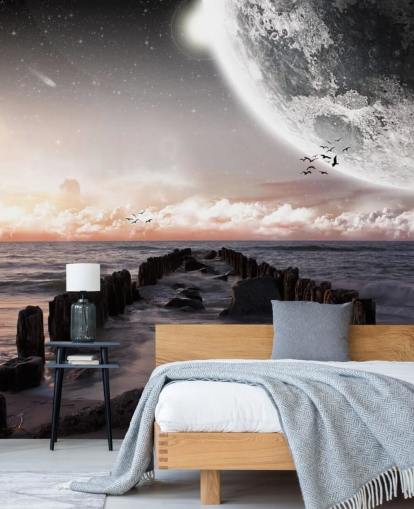 playa de noche con fondo de pantalla de luna grande