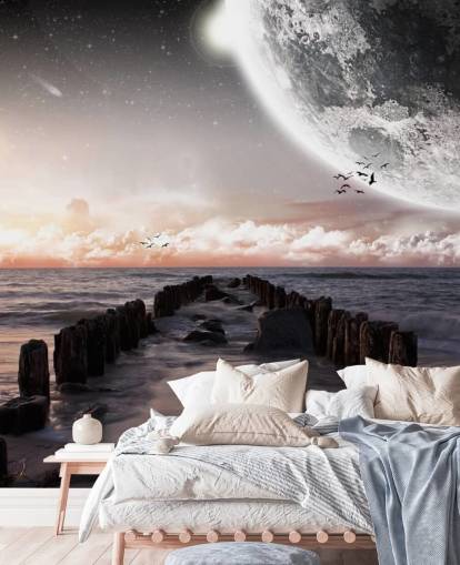 beach at night with large moon wallpaper beach at night with large moon wallpaper