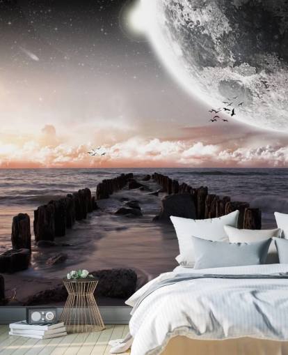 playa de noche con fondo de pantalla de luna grande