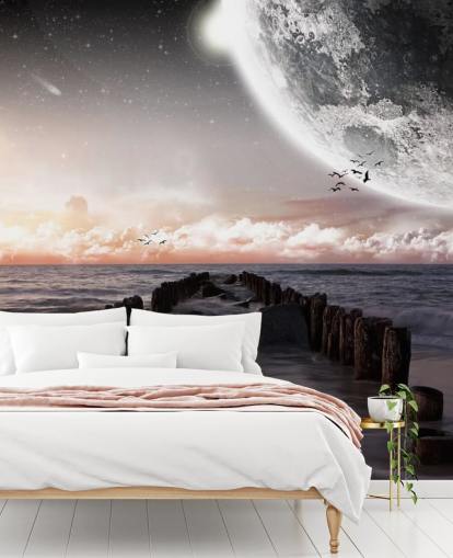 praia à noite com papel de parede lua grande