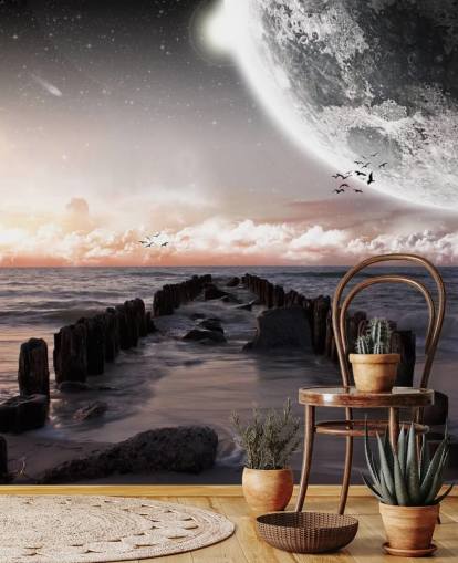 beach at night with large moon wallpaper beach at night with large moon wallpaper