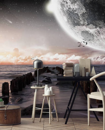 spiaggia di notte con grande carta da parati luna