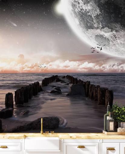 playa de noche con fondo de pantalla de luna grande