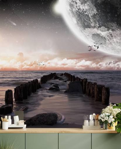 playa de noche con fondo de pantalla de luna grande