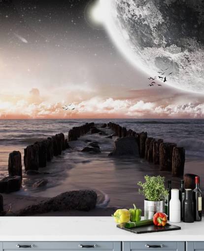 playa de noche con fondo de pantalla de luna grande