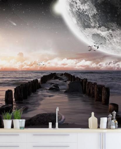 playa de noche con fondo de pantalla de luna grande