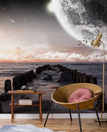 spiaggia di notte con grande carta da parati luna