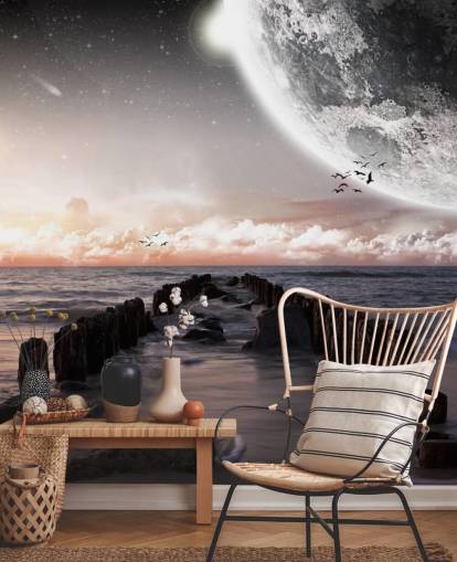 praia à noite com papel de parede lua grande