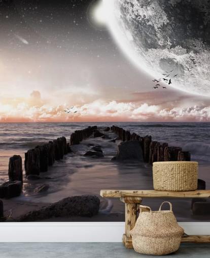 beach at night with large moon wallpaper beach at night with large moon wallpaper