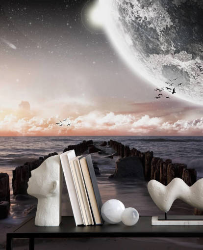 beach at night with large moon wallpaper