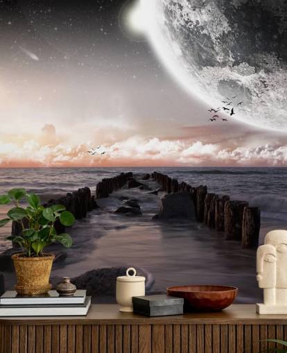 beach at night with large moon wallpaper