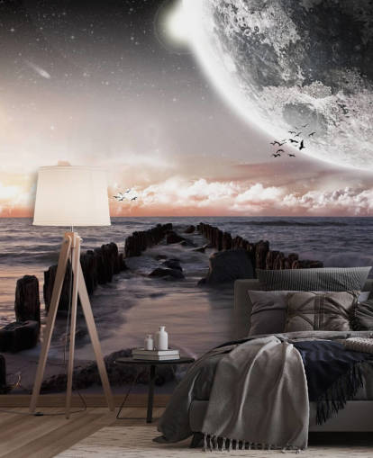 praia à noite com papel de parede lua grande