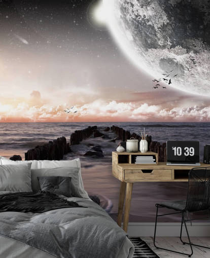 playa de noche con fondo de pantalla de luna grande