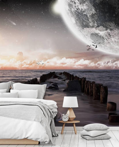 beach at night with large moon wallpaper