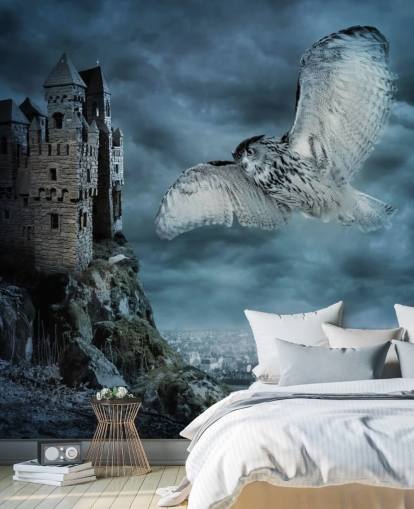 Owl Flying Around Ancient Castle Wall Mural Owl Flying Around Ancient Castle Wall Mural