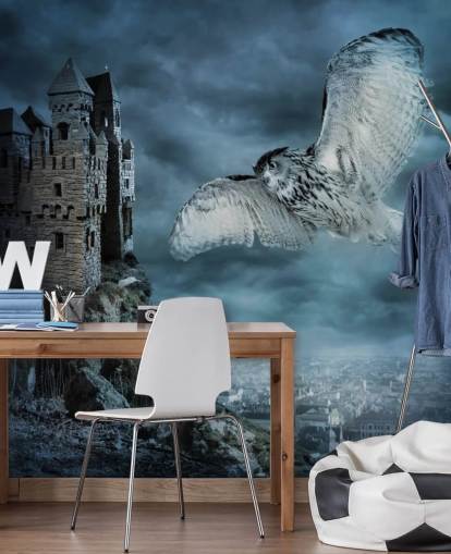 Owl Flying Around Ancient Castle Wall Mural