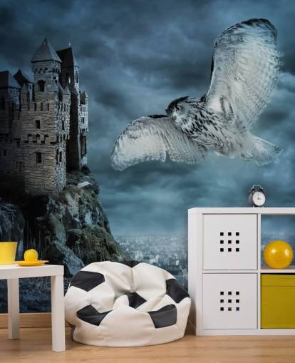 Owl Flying Around Ancient Castle Wall Mural