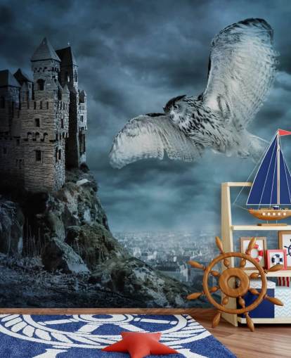 Owl Flying Around Ancient Castle Wall Mural