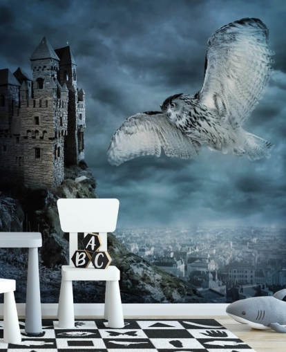 Owl Flying Around Ancient Castle Wall Mural