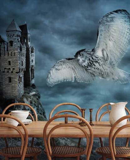 Owl Flying Around Ancient Castle Wall Mural