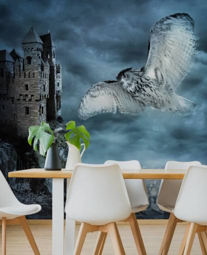Owl Flying Around Ancient Castle Wall Mural