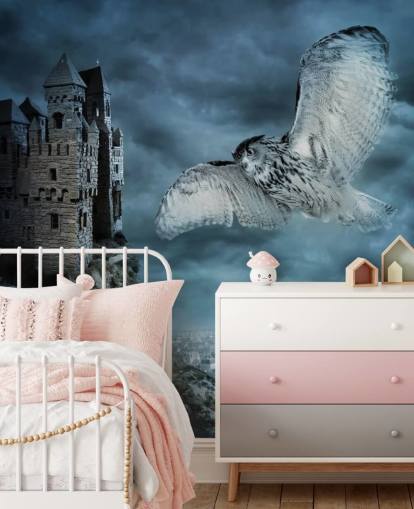 Owl Flying Around Ancient Castle Wall Mural