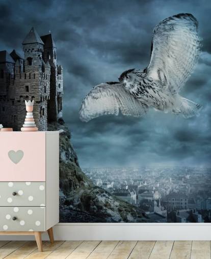 Owl Flying Around Ancient Castle Wall Mural Owl Flying Around Ancient Castle Wall Mural