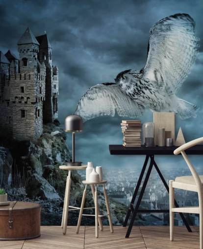 Owl Flying Around Ancient Castle Wall Mural Owl Flying Around Ancient Castle Wall Mural