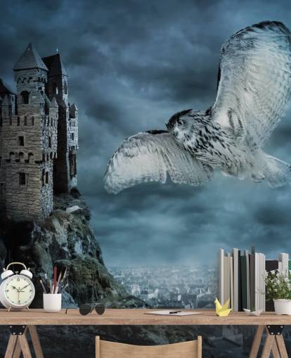 Owl Flying Around Ancient Castle Wall Mural