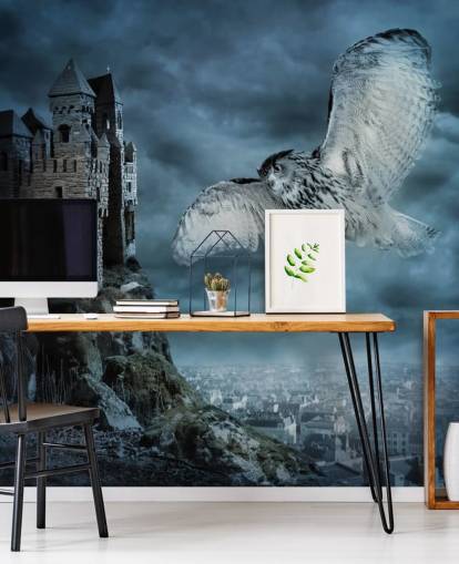 Owl Flying Around Ancient Castle Wall Mural