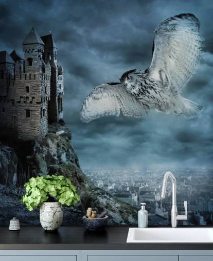 Owl Flying Around Ancient Castle Wall Mural